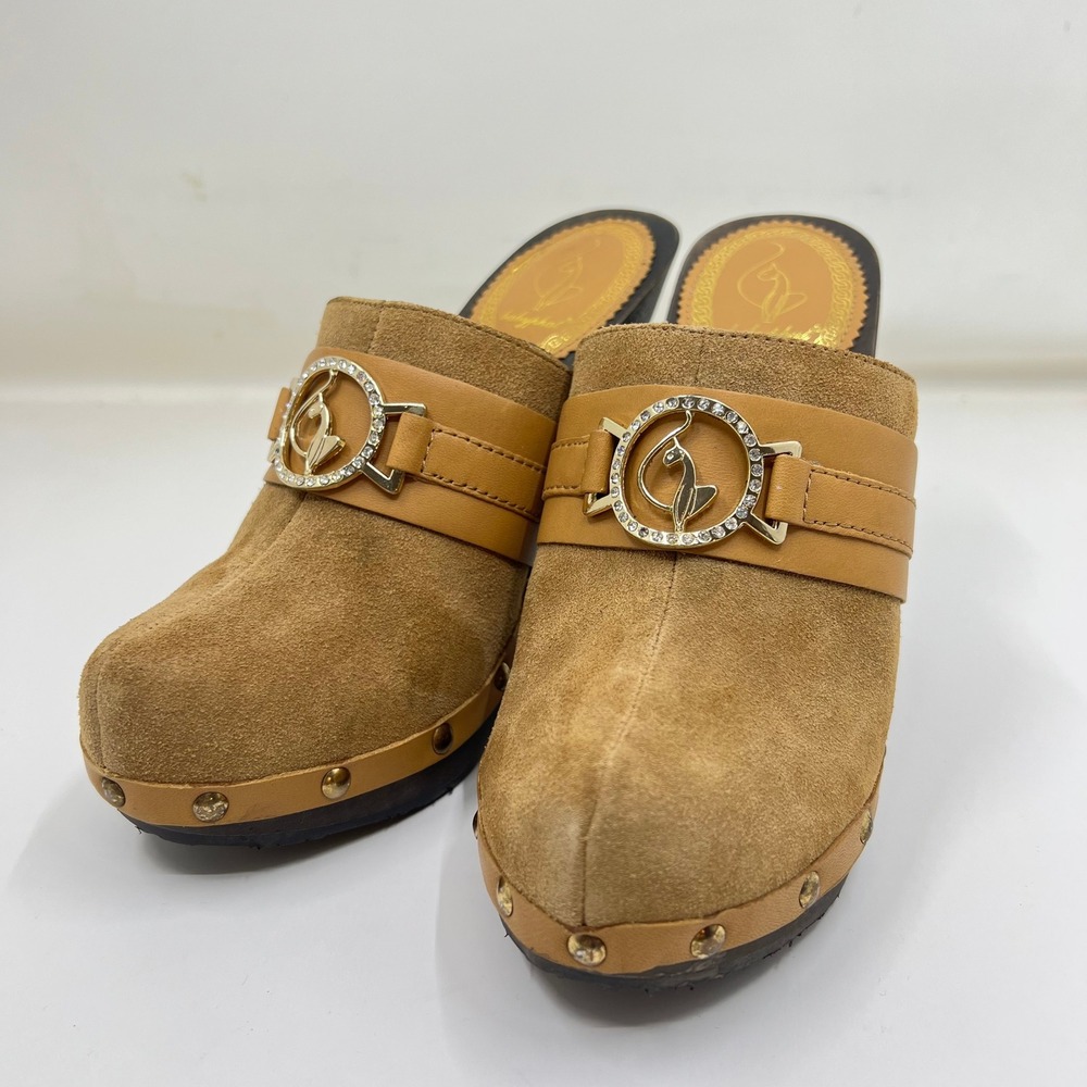 Baby Phat Christie A Clog Mules Womens 8 Camel Suede Y2K Rhinestone Studded Heel